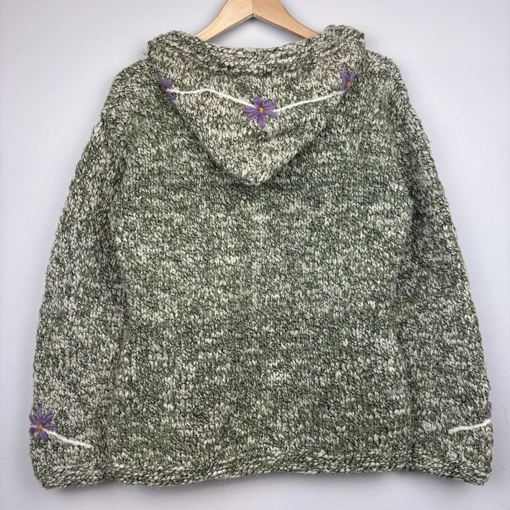 Vtg The Sweater Venture Hand Knit Wool Hooded Jacket Womens L Floral Fairy Boho - Picture 11 of 12